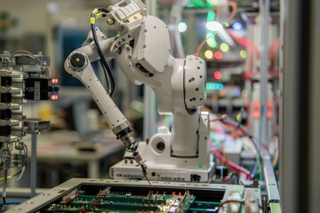 Fototapete - Robotic arm for electronic assembly line. Smart modern factory automation using advanced machines.