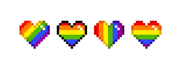 Wall Mural - Vector Rainbow Pixel Heart icon collection. LGBTQ community heart symbols and signs in retro 8-bit game style. Gay Pride and LGBT rainvow badge and sticker design