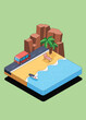 Summer travel on beach isometric flat design style with nature scene, car on rural road, chair and surfboard on beautiful beach