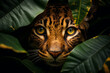 Generative Ai of wild big cats peeking through rainforest foliage representing International Wildlife Day	