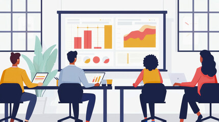 Wall Mural - three individuals analyzing data charts on a screen in a modern office environment, working on lapto
