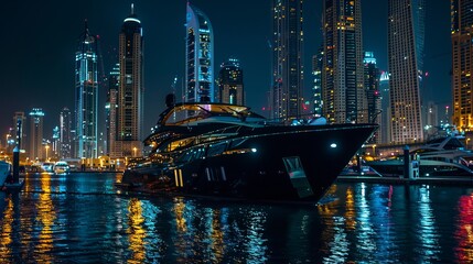 Wall Mural - Night Dubai. A black, stylish yacht sails along the Dubai Marina canal. Noisy party on the yacht 