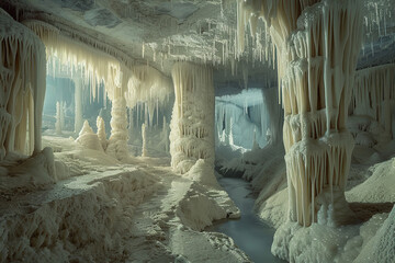 Generative ai on theme of a large beautiful sharp stalactites hanging down from deep mountain cave