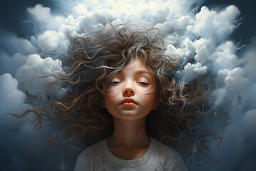 Generative ai of a child with the head in the clouds. 