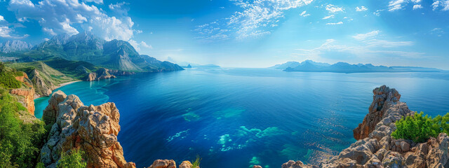 Wall Mural - a beautiful blue ocean with a rocky shoreline