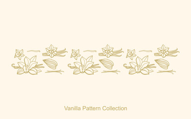 Wall Mural - Isolated vector set of vanilla. Gold vanilla sticks, vanilla flower and pods. Aroma, food, cookery. Hand drawn. Vector pattern illustration of vanilla flower, bean and pods on isolated background.