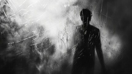 Wall Mural - A shadowy blur of a menacing figure is depicted behind frosted glass, creating a sense of horror and mystery in a black and white picture with added noise and grain effects