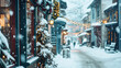 Snow-covered banners promoting winter sales, creating a delightful shopping experience. Copy Space.