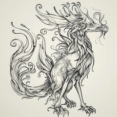 Detailed line art illustration of a mythical creature or beast tattoo design