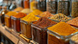 Variety of spices on display at a market.