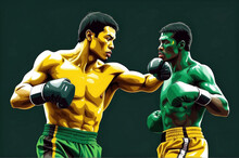 Ring Clash: Two Boxing Warriors, One Green, One Yellow, Engage In Intense Competition In Illustrated Showdown. Nature Vs Nurture