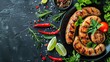 Grilled Thai Pork Sausage with Fresh Vegetables and Aromatic Herbs on Dark Background