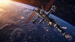 This image shows the International Space Station and an astronaut floating in outer space above the