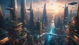 A stunning vision of the future, this cityscape boasts towering skyscrapers and advanced air traffic under a setting sun. AI Generation