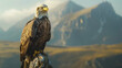 An eagle perched with mountains in background.
