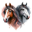 Two horses. Love. Portrait. Watercolor. Stallion and mare. Isolated illustration on a white background. Banner. Close-up