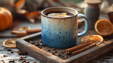 A Mug Of Coffee With Spices And Citrus Slices.