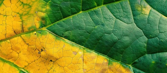 Sticker - A close up of a yellow and green leaf from a terrestrial plant. The detailed pattern and circle shapes resemble artwork in macro photography