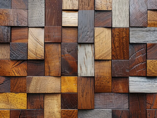 Wall Mural - A wooden wall with a pattern of different colored wood blocks