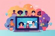 A minimalist depiction of the accessibility of education through online learning, featuring a diverse group of individuals gathered around a simple, modern laptop.