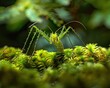 A praying mantis stands alert on a bed of lush green moss, with a soft, dark background enhancing the tranquil forest scene.