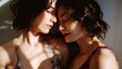 Intimate moment between lesbian couple in elegant dresses with soft light