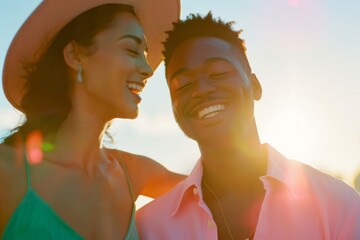 Interracial couple laughing together in warm sunny ambiance