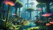 A serene depiction of an enclosed botanical garden on an alien world, featuring exotic luminescent plants and tranquil waterways.. AI Generation