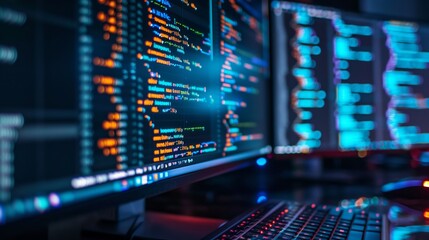 two computer screens filled with complex coding scripts, showcasing a developer's workspace with adv