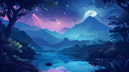 Wall Mural - Moonlit Mountain Landscape with Snow and Sky