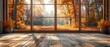 Interior with Shabby Chic window frame and wooden table. Autumn sunny day with golden trees outside. Empty space for decoration, text or advertising.