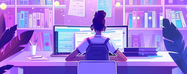 Female programmer working on multiple monitors in vibrant office environment. Coding and software development concept. Illustrative digital art with purple and blue color scheme