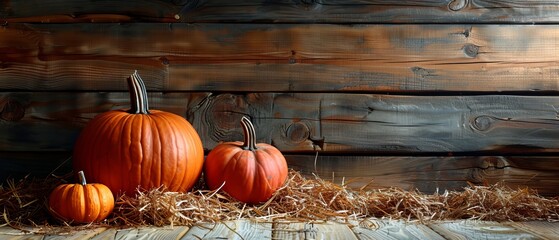 Wall Mural - Still life with pumpkins on straw in front of wooden wall background for Thanksgiving. Perfect background decoration for house interior. There is a space for text on the left. Copy space on the