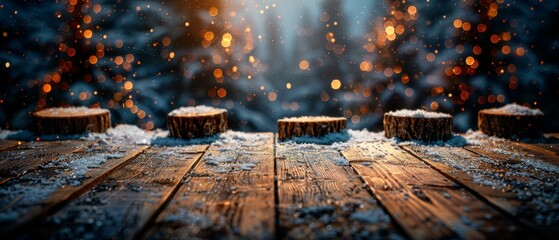 Poster - A Christmas background with a wooden table and snowfall. New Year winter holidays theme. You can use the spot for decoration, text or advertisements.