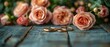Top view of pink roses, bridal rings, and a paper wedding greeting card against a background of shabby wooden planks.