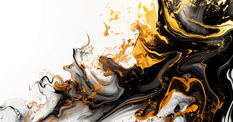 Canvas Print - The texture of gold paint is mixed with black acrylic swirls on a white background.
