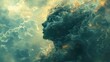 Infinite possibilities: Surreal artwork featuring a head disappearing into an endless expanse of clouds, symbolizing the vast potential of creative thought.