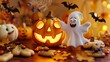 Trick or treat scene with a playful ghost emerging from a pumpkin, surrounded by bats and spider-decorated cookies