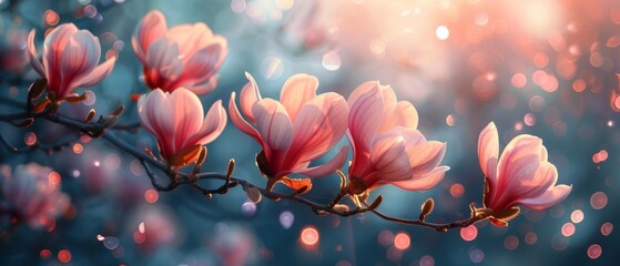 Sticker - This mysterious spring background has pink magnolia flowers blooming with glowing bokeh. This is a fantasy floral banner.