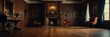 victorian theme empty living room home interior with wooden floor, fireplace and adequate lighting panoramic wide angle from Generative AI