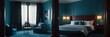 blue theme luxury hotel bedroom modern interior with columns wide angle panoramic from Generative AI