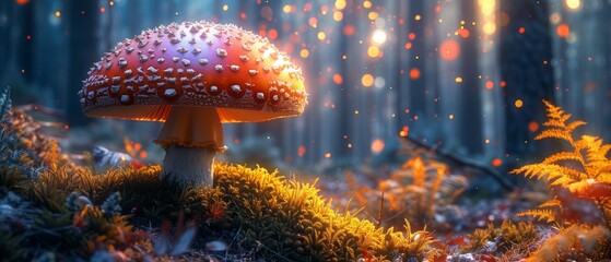 Poster - Fantasy giant mushroom surrounded by enchanted fairytale pine trees leading to fabulous mysterious flare glow, magic trail leading through woodlands to mystery glare