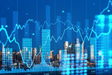 Fototapeta Miasto - Double exposure of a cityscape with financial graphs, concept of business finance and technology with New York skyline in the background. Double exposure