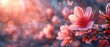 Beautiful pink magnolia flowers and butterflies on a mysterious spring background with bokeh, fabulous fairy tale floral banner with copy space