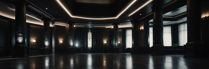 Poster - black theme luxury hotel reception lobby hall interior with columns wide angle panoramic from Generative AI