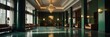 green theme luxury hotel reception lobby hall interior with columns wide angle panoramic from Generative AI