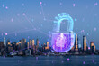 New York City skyline featuring a holographic fingerprint and lock, double exposure concept of security and technology. Double exposure
