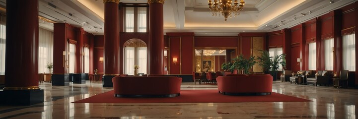 red theme luxury hotel reception lobby hall interior with columns wide angle panoramic from Generative AI