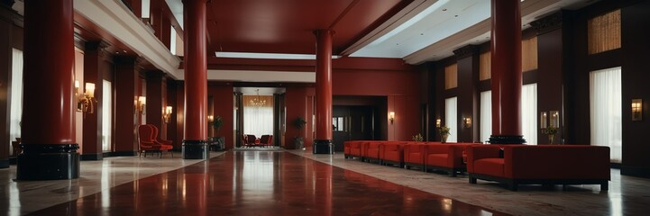 Wall Mural - red theme luxury hotel reception lobby hall interior with columns wide angle panoramic from Generative AI