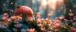 Magical mushrooms glade and ladybug in enchanted fairy tale dreamy elf forest, magical fairytale pink rose flower garden in sunny morning and butterflies on mysterious background